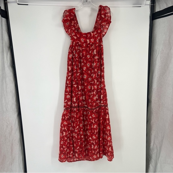 Ro's Garden Jasmin 100% Cotton Red Floral V Neck Ruffle Sleeve Maxi Dress Medium - Picture 6 of 8